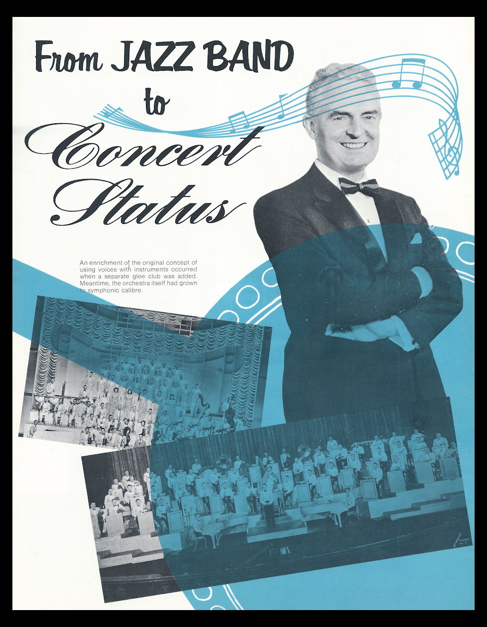 two black and white photos of Fred conducting huge
              orchestra/band ensembles with large chorus on stage