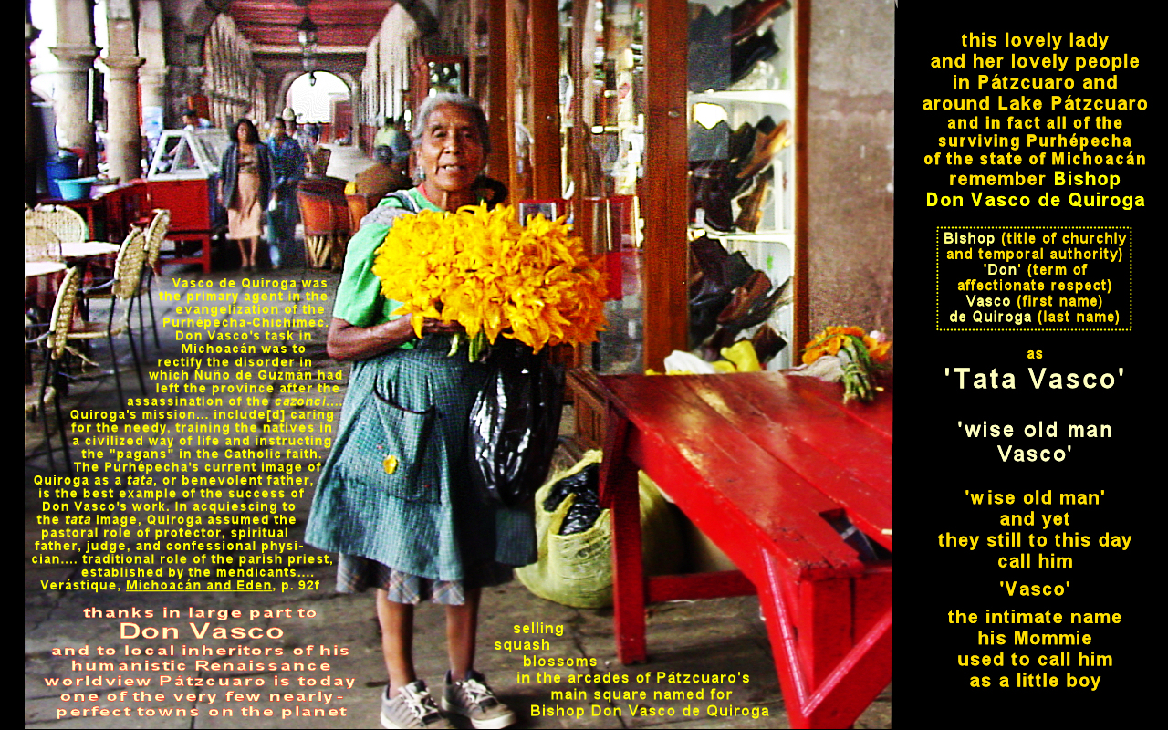 Tata Vasco is still 500 years later remembered with great
        affection by all the little ladies in P&aacute;tzcuaro selling
        squash blossoms